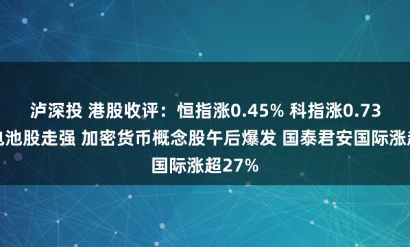 泸深投 港股收评：恒指涨0.45% 科指涨0.73% 锂电池股走强 加密货币概念股午后爆发 国泰君安国际涨超27%